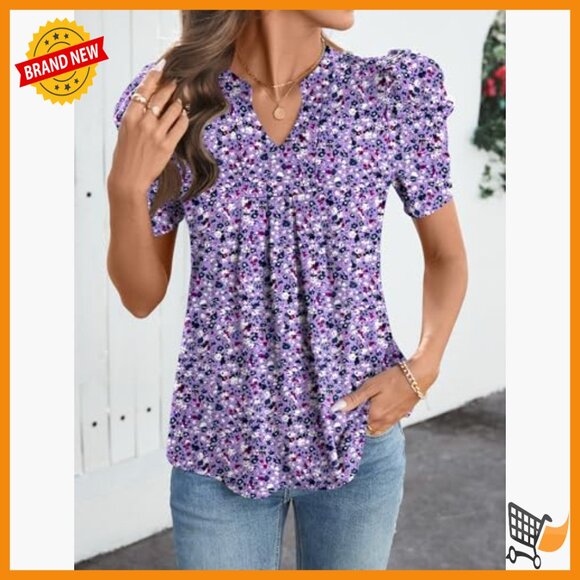 Puff Sleeve V-Neck Blouse, Loose Fit Summer Top, Polyester Blend - Picture 2 of 7